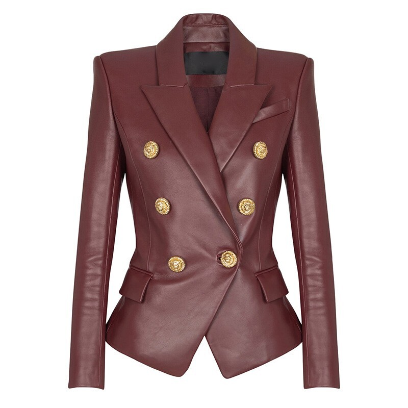 HIGH QUALITY Newest Fashion 2026 Designer Women's Double Breasted Lion Buttons Artificial Leather Blazer