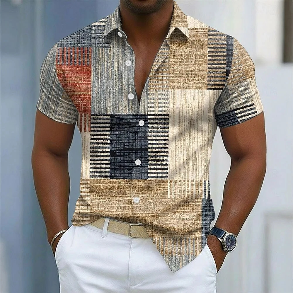 Men's geometric color block patchwork linen shirt button-down shirt casual formal shirt short-sleeved fashion casual street vaca 261014