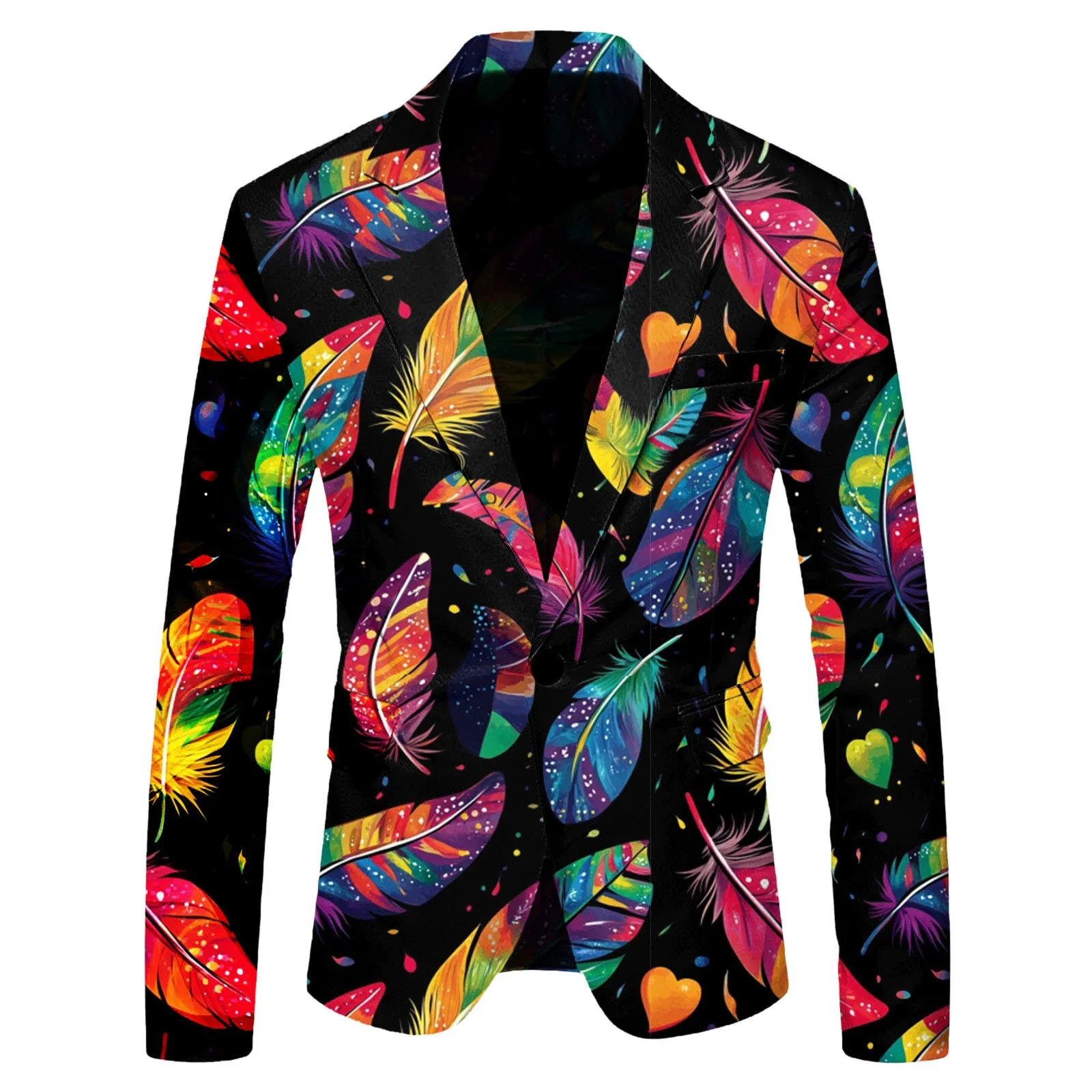 Mens Blazer Colorful Feather Print Slim Long Sleeved Holiday Party Suit Jackets Autumn Winter Festival Rave Blazer Male Coat 261015