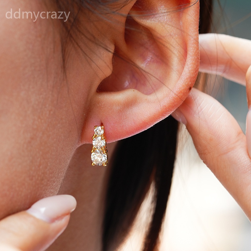 S925 Sterling Silver 3 Stone Moissanite Stud Earrings for Women Classic Elegant Design