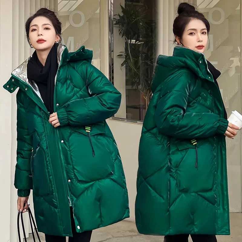 Women's Down Parkas 2026 Fashion New Bright Fabric Thick Warm Winter Jackets Women's Cotton Padded Coats Mid-Length Women Parkas Female Ou