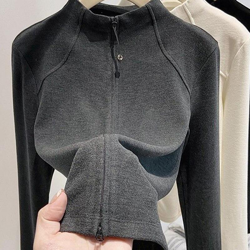 Designer Women Half Turtleneck Long Sleeve T-Shirt Double Zipper Slim Fit Thermal Base Layer Top Autumn Winter Casual Solid Color