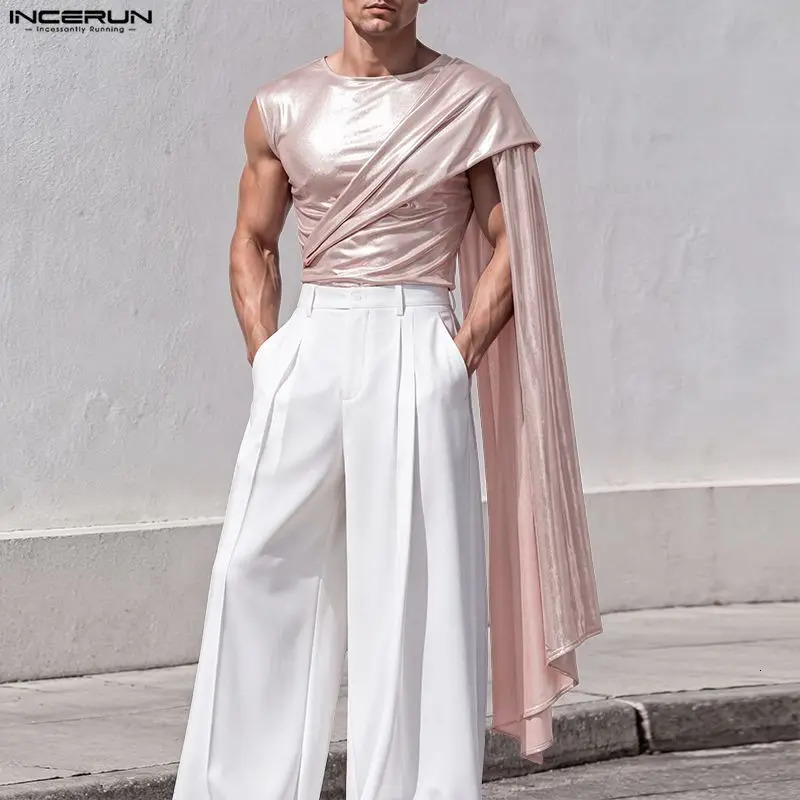 INCERUN Mens Irregular Tank Tops Solid Color Shiny Sleeveless Shawl For Man Streetwear Party Fashion Casual Men Clothes 261017