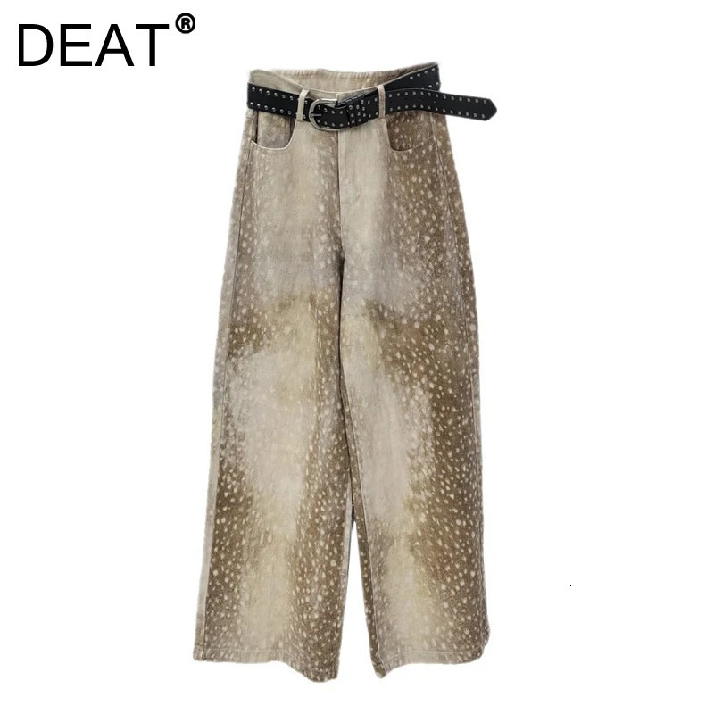 DEAT Women's Jeans High Waist Straight Brown Polka Dot Print n Wide Leg Denim Pants Fashion Summer 29A6514 261016