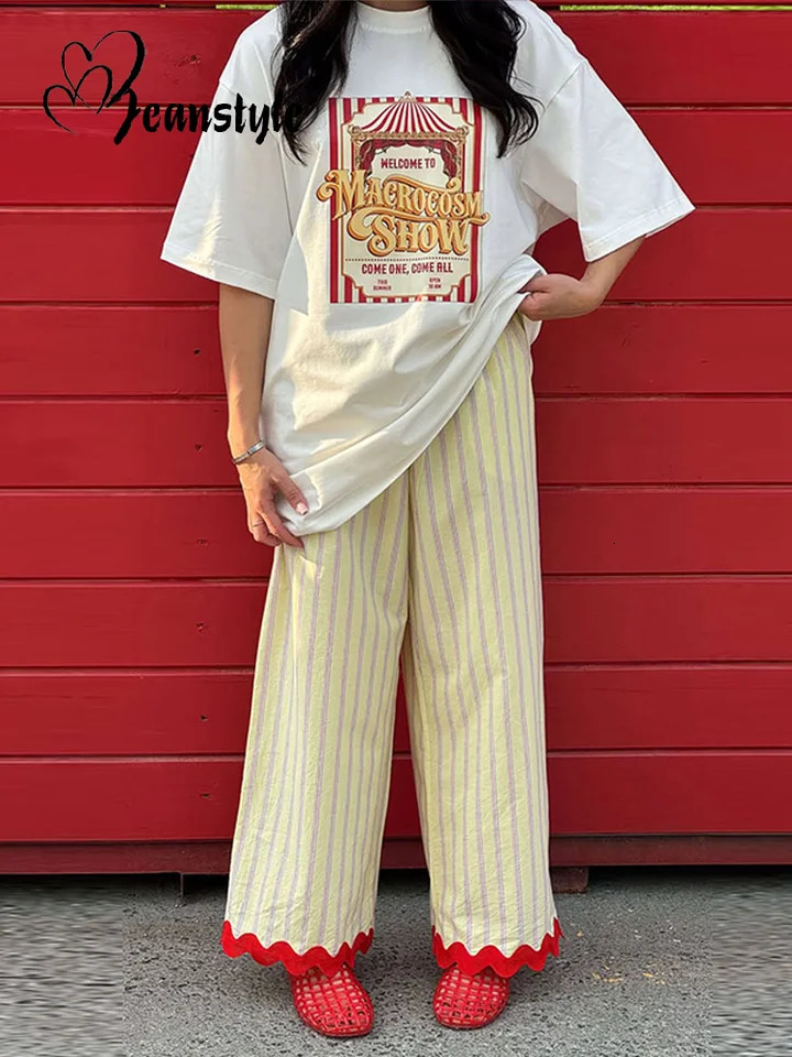 Fashion Wavy Hem Women's Pant Striped Elastic Waist Big Pocket Lady Wide Leg Pants 2026 Summer Autumn Chic Female Bottoms 261015