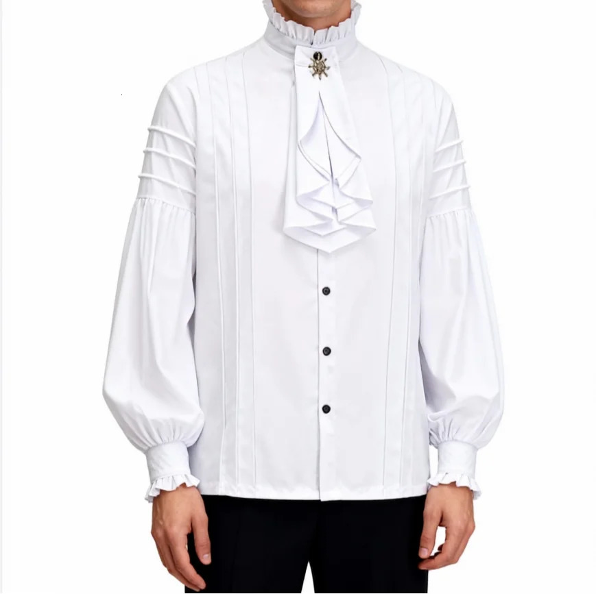 White Cotton Ruffled Stand Collar Long Lantern Sleeves Pirate Cosplay Victorian Man Shirt Medieval Clothes Gothic Vintage Top 261015