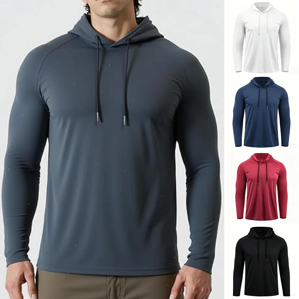 Mens Sun Protection Shirts Long Sleeve Hoodies Solid Quick Dry Tshirt Bodybuilding Fitness Muscle Sportwear Gym Clothing 261017