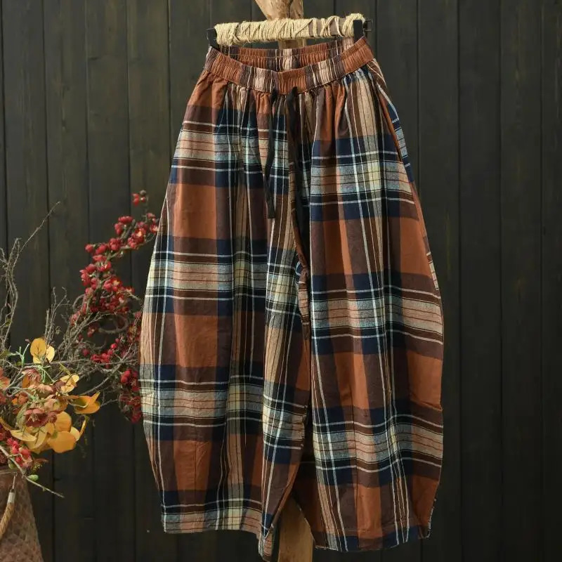 2026 Spring Summer Arts Style Women Elastic Waist Loose Anklelength Pants Allmatched Casual Cotton Linen Plaid Harem 261017