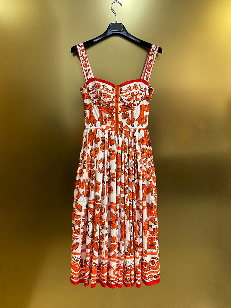 100% Cotton Red Porcelain Printing Dresses Women Sexy Spaghetti Strap Sleeveless Party Runway High Street Vestidos Midi Lady