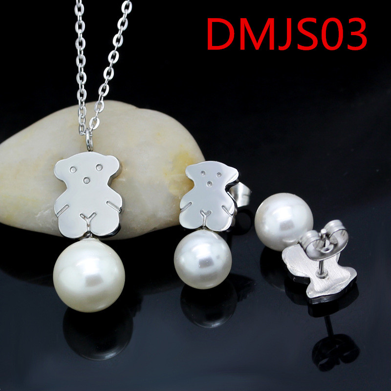 Mode femmes hommes argent or acier inoxydable ours dessin animé coeur blanc perle perle pendentif collier boucles d'oreilles ensembles bijoux