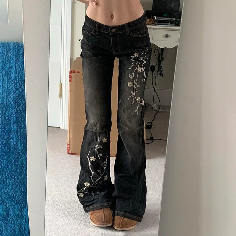 Floral Embroidery Jeans Vintage 2000s Low Rise Flared Jeans Women Retro Y2k Baggy Denim Pants High Street Basic Trousers 261013