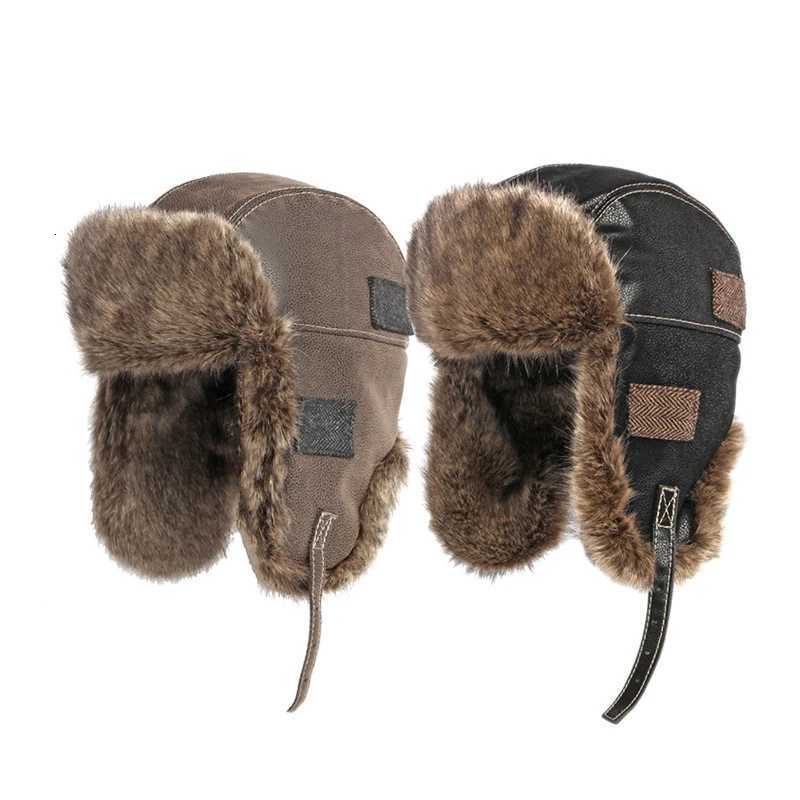 Trapper Hats Winter Hat Men Bomber Cap Women Leather Ushanka Russian Hat with Earflaps Velvet Thick Snow Windproof Faux Fur Pilot CapT261017