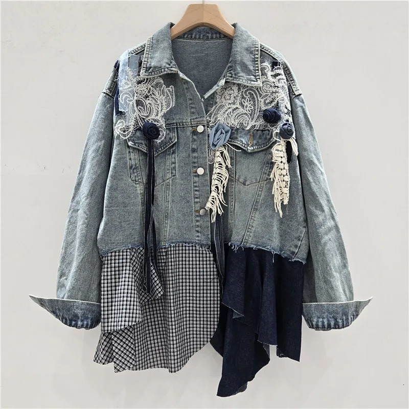SuperAen Autumn Womens Denim Jackets Fashion Contrasting Colors Patchwork Asymmetrical High Street Loose Coats 261016