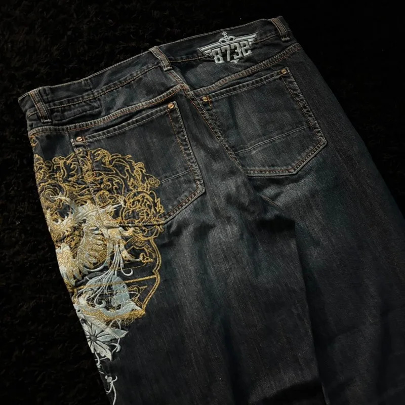 American Fashion Oversize Pattern Embroidered Baggy Jeans Men Y2K Gothic Harajuku Hip Hop Straight High Waist Wide Leg Pants 261016