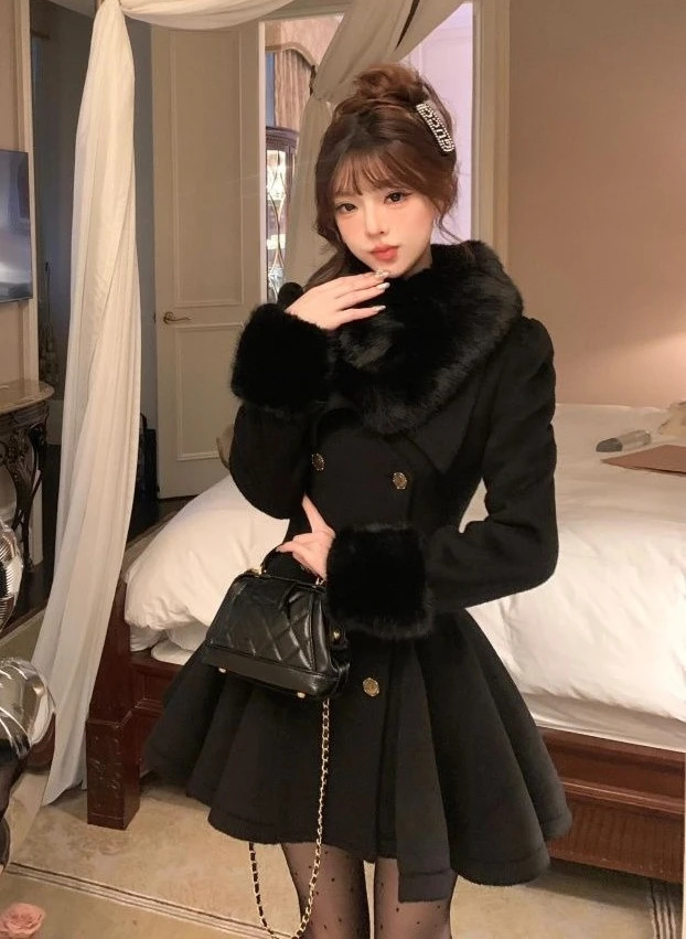 Elegant Small Fragrance Celebrity Loose Coat Moda Woolen Blends Slim Waist Mid-length Outwear Winter French Style Vintage Jacket 261014