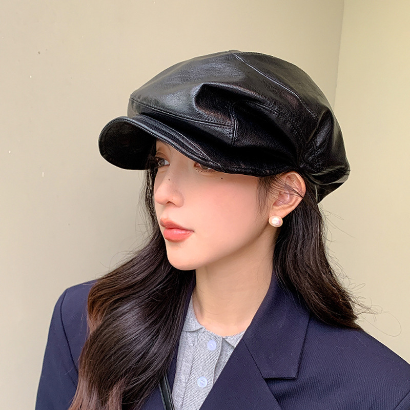 Unique Design Irregular Pleated PU Beret for Women Retro Leather Octagonal Fashionable Personality Newsboy Hat
