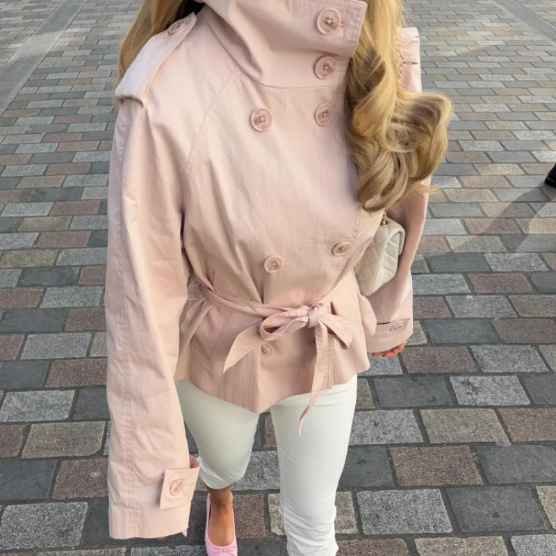 Fashion Women's Pink Belted Jacket Stand Collar Double Breasted Long Sleeve Slim Trench Coat 2026 Casual High Street Jackets 261015