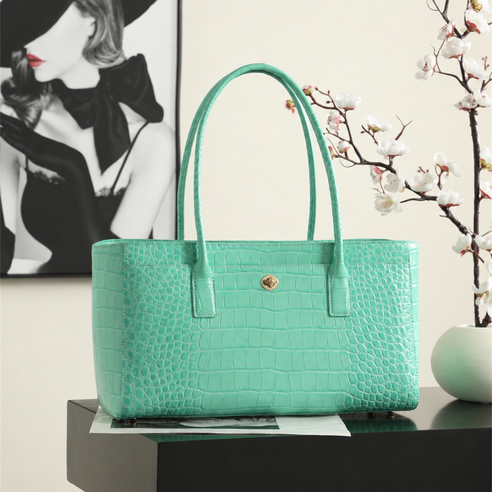 Crocodile Embossed Tote Bag Calfskin Leather Double Shoulder Straps Spacious Structured Chic for Work Top-Tier Designer New Arrival