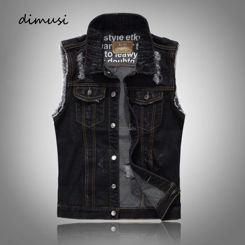 Spring Summer Men's Denim Vest Fashion Retro Ripped Hole Party Jean Waistcoat For Men Hip Hop Black Sleeveless Jackets Clothing 261015