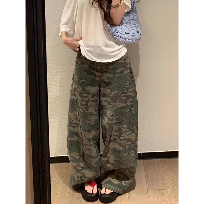 Womens Military Green Jeans High Waist Vintage Straight Baggy Hip Hop American Fashion Wide Leg Denim Trouser Y2K Denim Pants 261013