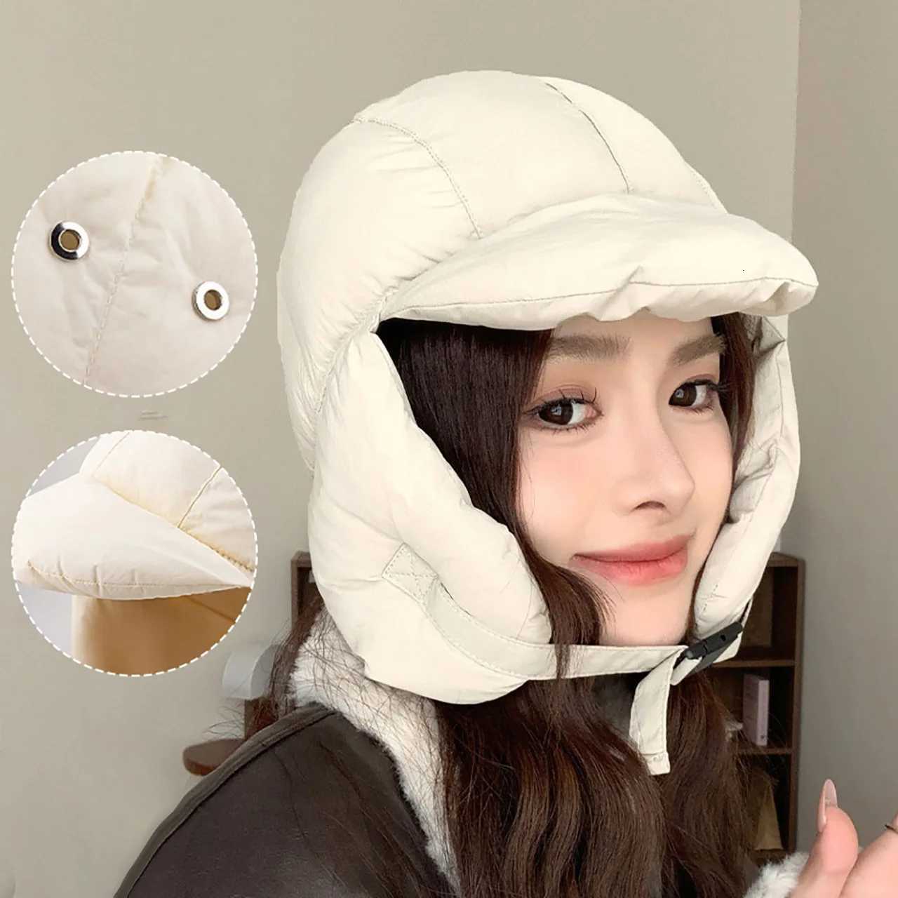 Trapper Hats Winter Down Ushanka Hat for Women Korean Girls Ear Protection Cap Y2K Solid Color Bomber Hat Outdoor Warm Earflap CapsT261017