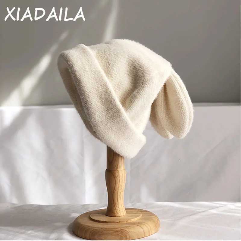 Beanie/Skull Caps Draping rabbit ears rabbit fur hat women autumn and winter knitted wool hat winter warm Korean version of Japanese hat Q261017
