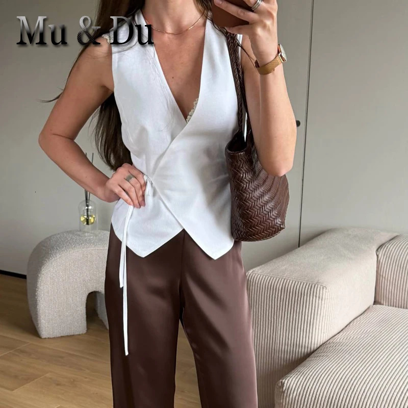 VNeck Linen Vest Women Waistcoat Spring Summer Casual Thin Sleeveless Short Jacket Asymmetrical Lace Up Female Coat 261016