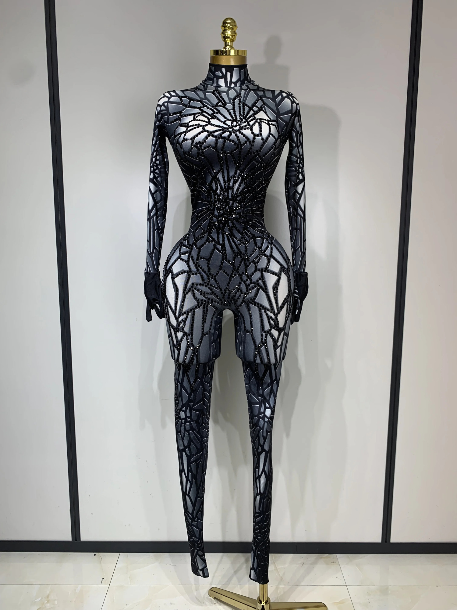 Women Sexy Black Rhinestone Stretch Bodycon Jumpsuit Club Evening Party Birthday Wear Singer Dancer Stage Perform Costume 261016