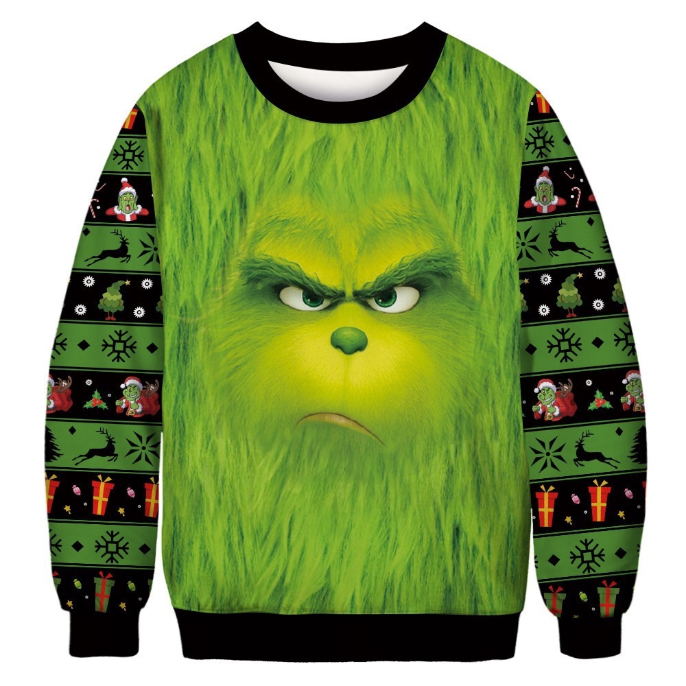 2026 European And American Autumn New Product Crew Neck Long Sleeve Sweatshirt Men, 3D Digital Print Christmas Tree Green Furry Monster Jacket For W