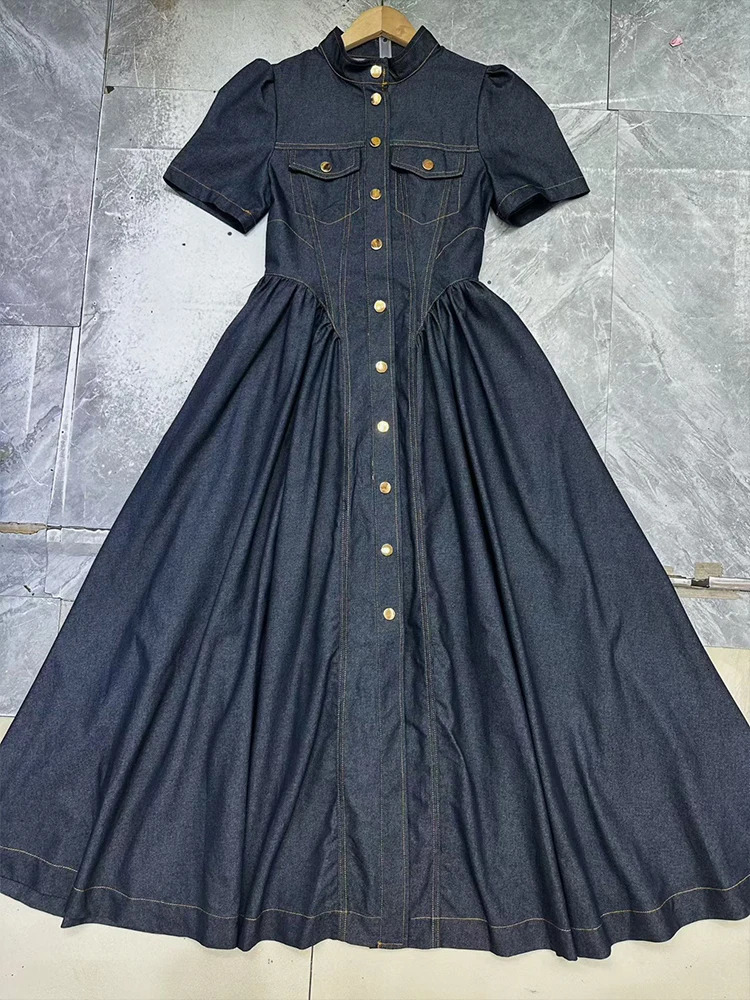 2026 Autumn Women's Blue Denim StandUp Collar ShortSleeved Waist Dress SingleBreasted Temperament Big Swing Pengpeng Dres 261015