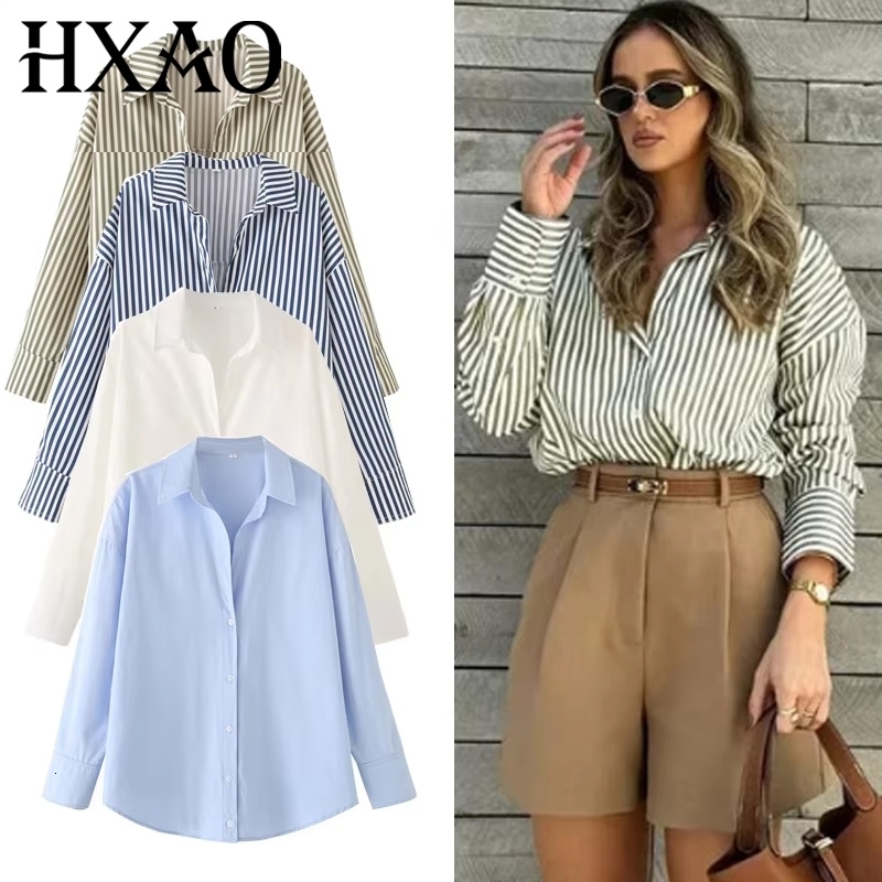 HXAO Woman Blouses Long Stripe Shirts Women Spring Summer Long Sleeve Blue White Shirt Woman Large Tops Button Up Shirts 261015