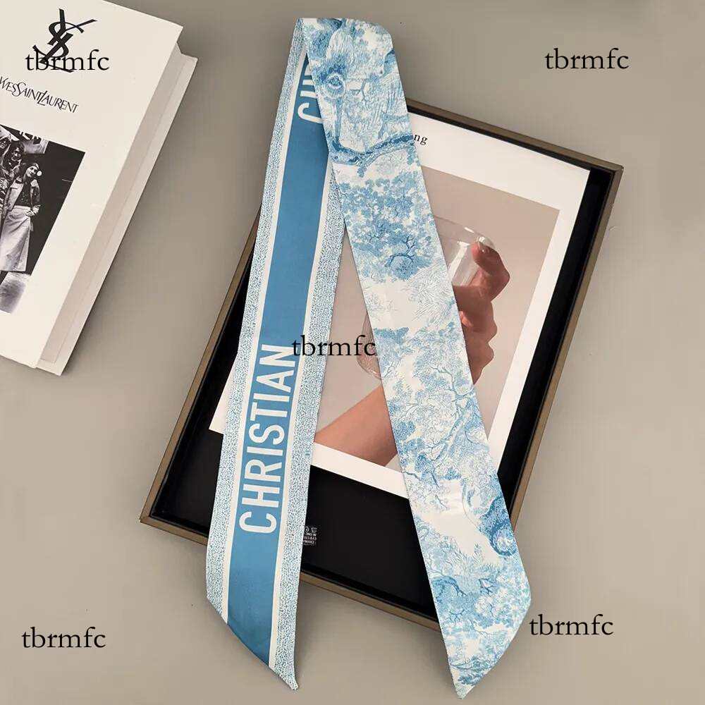 Elegant Toile De Jouy Silk Twilly Women Luxury Blue Tree Print Narrow Scarf Fashion Designer Hair Ribbon Ladies Bag Tie Wrap