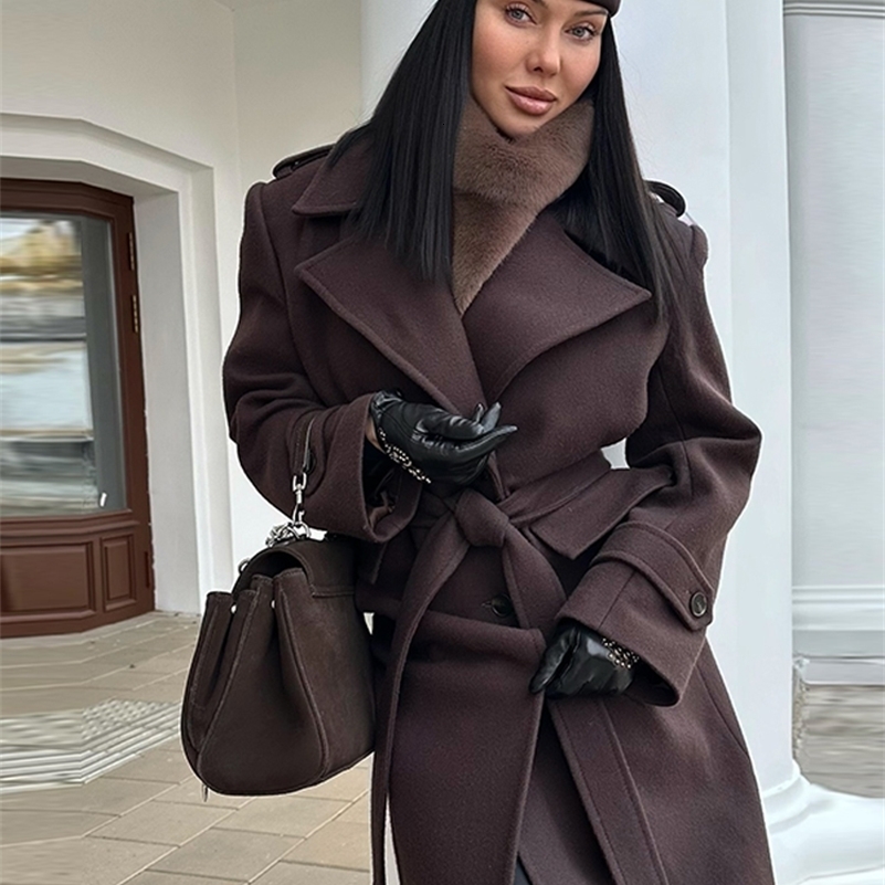 Fashion Solid Women's Wool Coat Lapel Double Breasted Button Long Sleeves Loose Coat Chic Autumn Wear 261016
