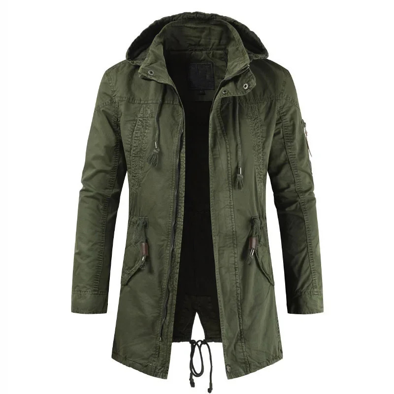 Men's Hooded Long Jacket Army Green Trench Coat Cotton Vintage Washed Drawstring Waist Multi Pocket Outdoor Casual Jacket Autumn 261015