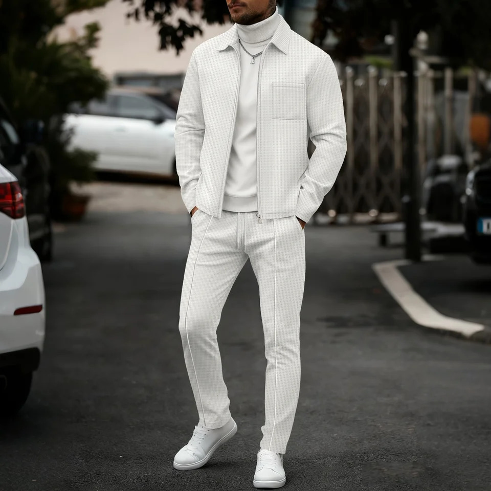 Mens Casual 2 Piece Set Waffle Texture Zip Up Jacket Elastic Waist Trousers Comfortable Lightweight Suit for All 261017