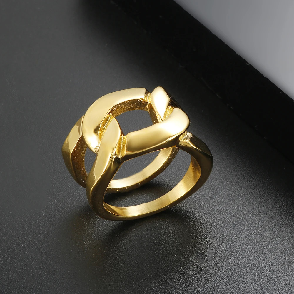 Knotted Cuban Chain Shape Ring For Women Men Couple Gold Color Large Stainless Steel Finger Rings Party Jewelry Gift 261017