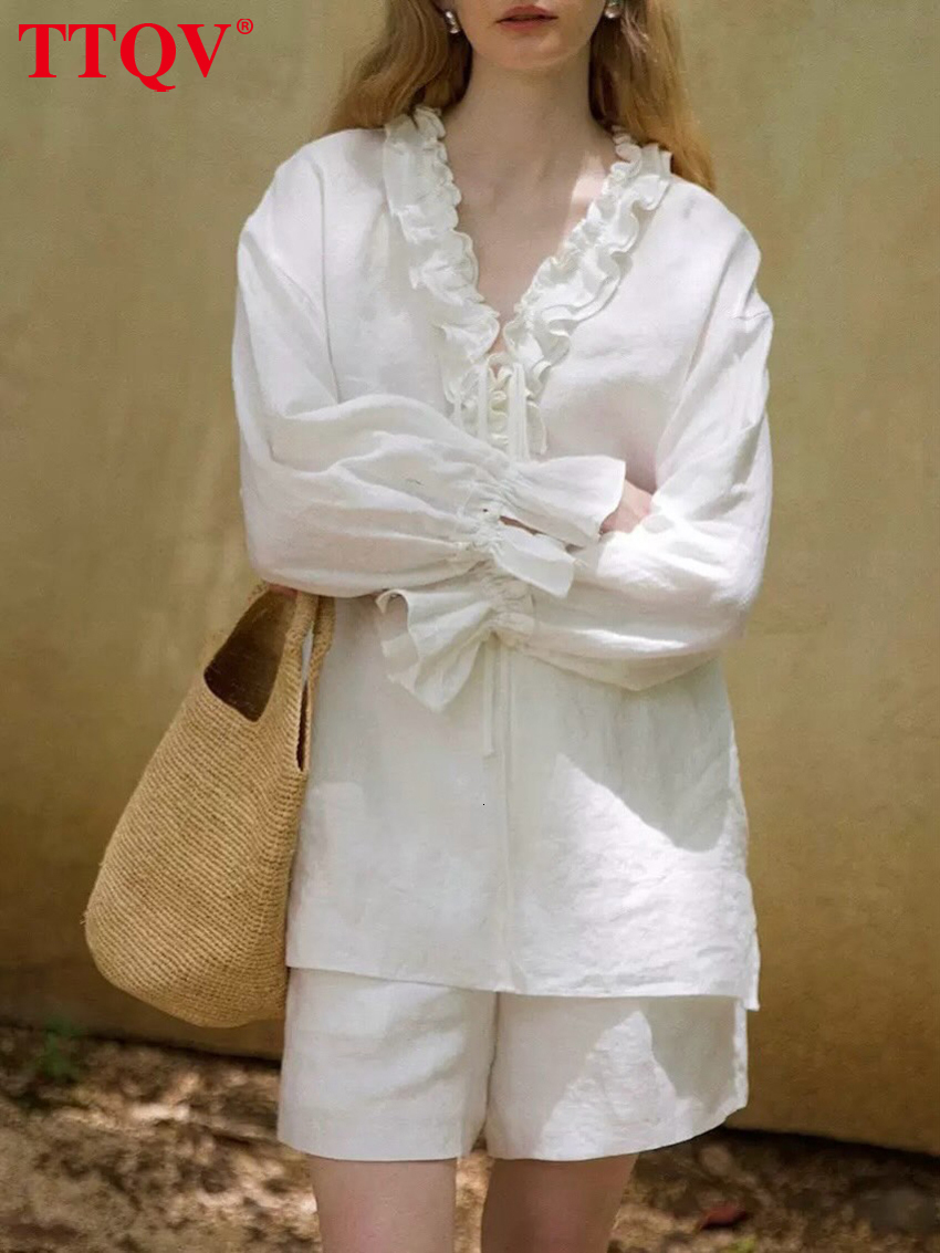 Fashion Loose White Cotton Women's 2-Piece Sets 2026 Casual Long Sleeve Shirt With High Waist Shorts Set Female Clothing