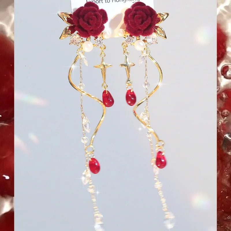 Elegant French Red Rose Long Tassel Earrings for Women Temperament Flower Zircon Dangle Earring Bridal Wedding Party Jewelry261016
