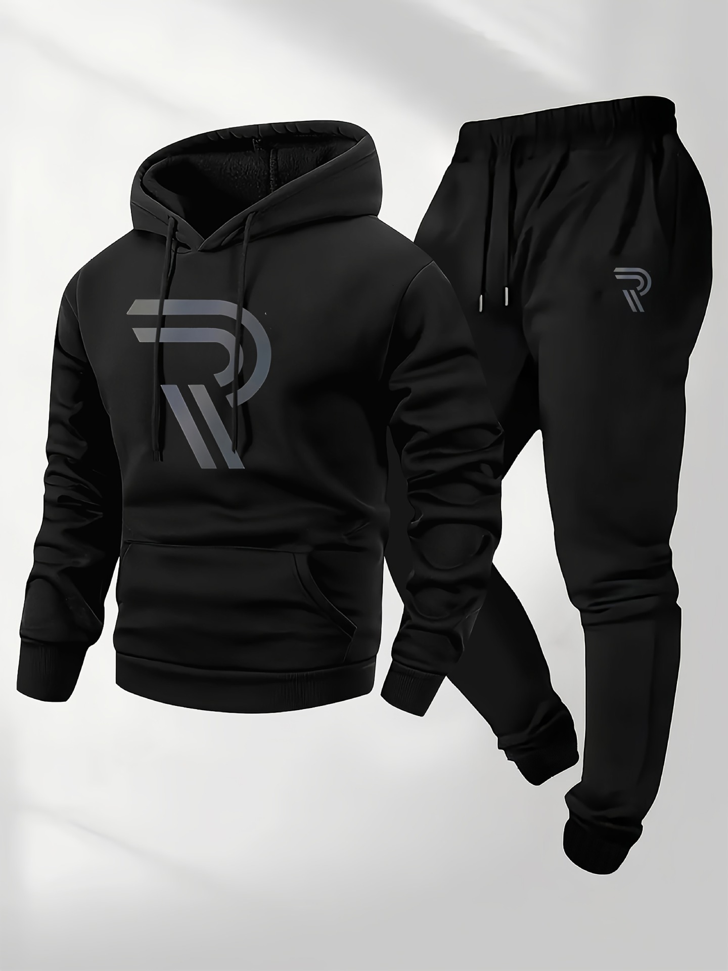 Mens Two Piece Hooded Sweatshirt Set Fleece Lining Long Sleeve Jogger Pants Casual Sportswear For Men Winter Warm Gym Training Outfit For Daily Wear