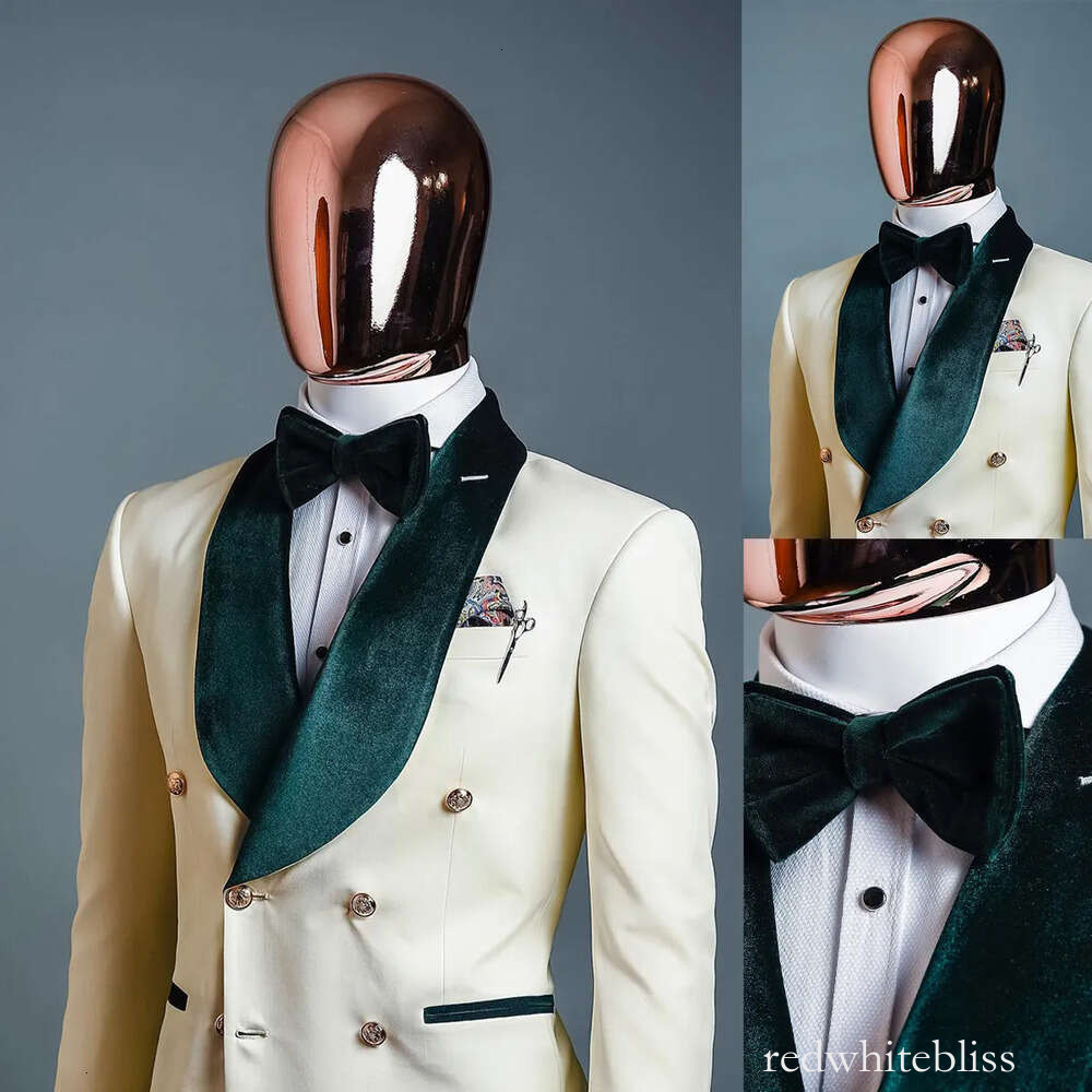 Suits Men Tuxedos 1 White Piece Wedding Tuxedo Green Veet Shawl Lapel Double Breasted Pockets Customize Coat Pants Fashion Formal Casual Prom Tailor