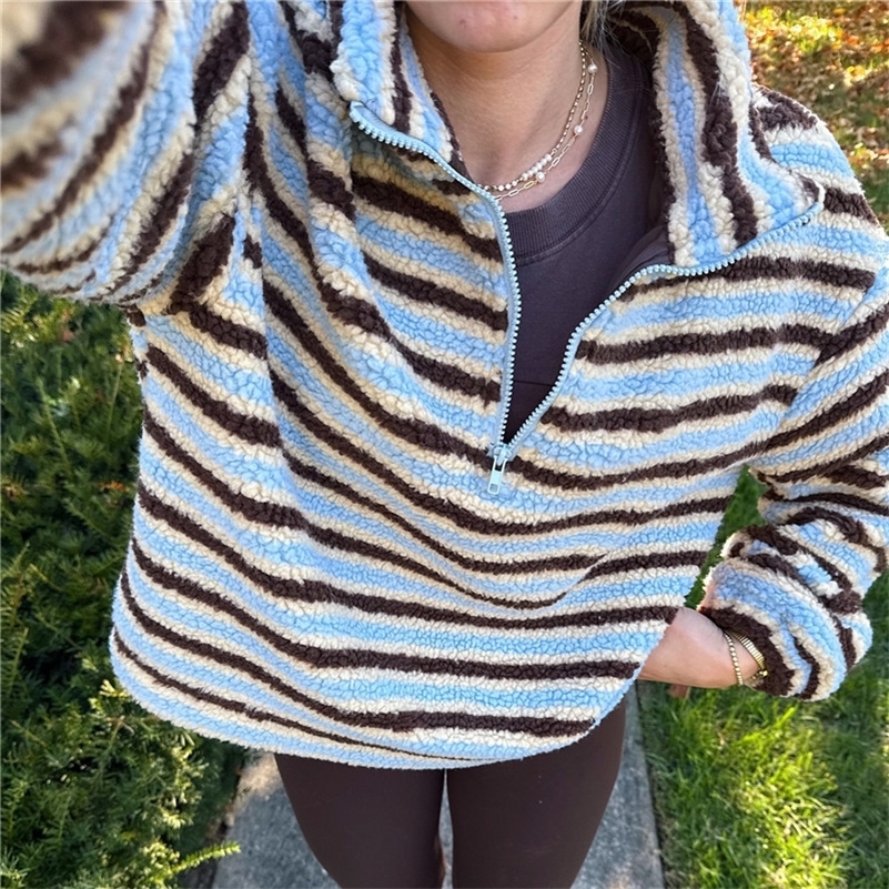 Womens Striped Fleece Jacket Color Block Half Zip Sherpa High Neck Pullover Trendy Oversized Warm Fuzzy Sweatshirt 261016