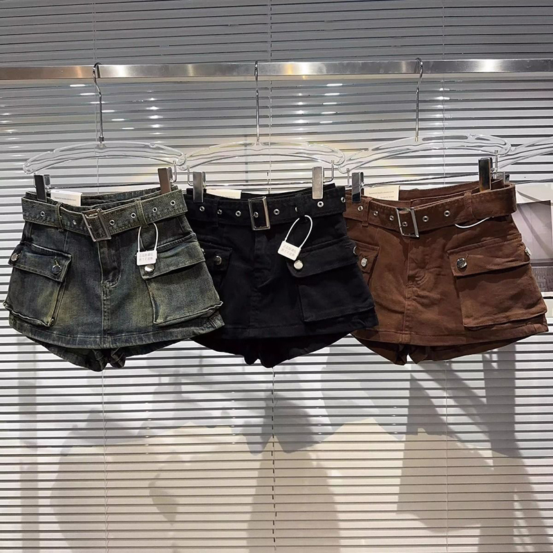 MEXZT Y2K 2000S Cargo Denim Women Vintage Belt Black Shorts Skirts Jeans Harajuku Streetwear High Waist Short Pants New