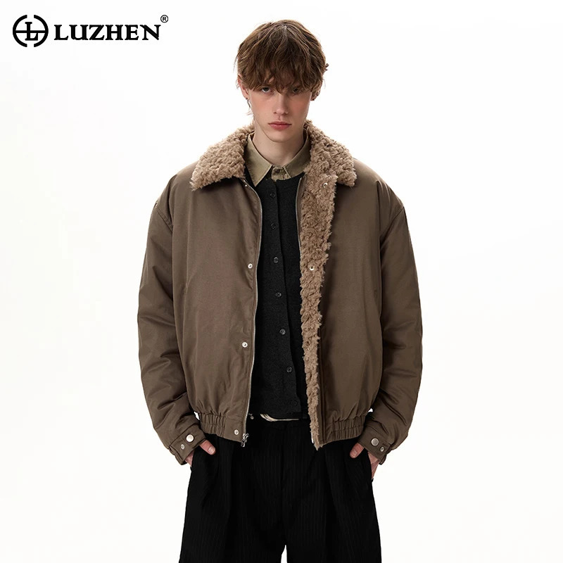 LUZHEN Edge Lamb 2026 Brushed Winter Wool New Original Lapel Parka Jacket Men's Fashion Solid Color Handsome Padded Coat