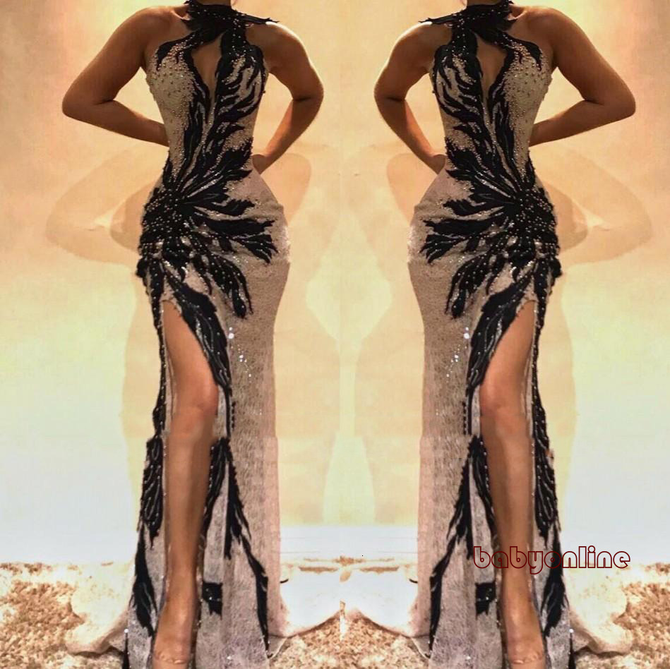 Black Appliques Long Mermaid Evening Dresses High Side Split Sweep Train Prom Party Wear Abendkleider Special Occasion Dress BC0493