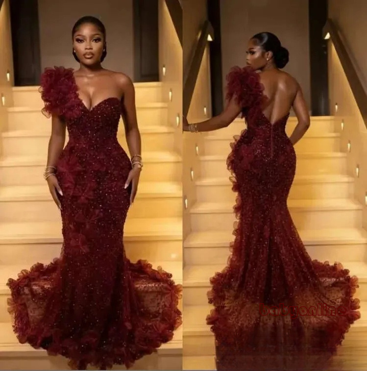 Elegant Burgundy Prom Dresses For Black Girls 2026 Luxury One Shoulder Mermaid Sequins Beads Formal Evening Gala Dress Customized BC22049