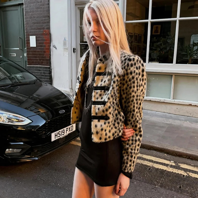 Women Leopard Print Faux Fur Jacket Mandarin Collar Chinese Frog Closure Cropped Vintage Y2K Slim Fit Coat Ladies Outerwear 261016