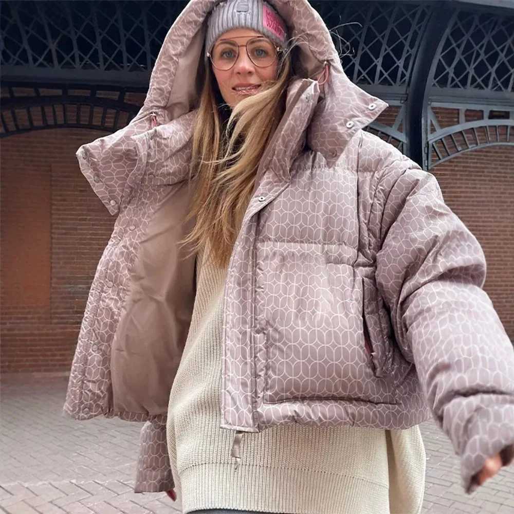 Women's Down Parkas MsChuh Women's Down Coats Parkas Hooded Short Puffer Coat Ropa Mujer Geometric Print Warm Winter Jacket Daily Outdoor