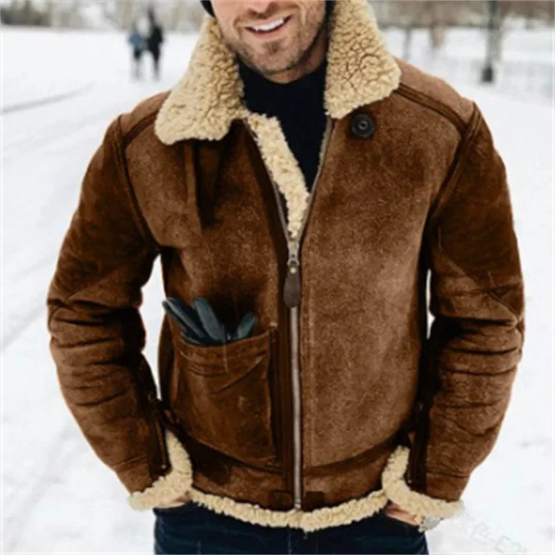 Winter Thick Men's Jacket Warm Faux Leather Warm Coats Fashion Turn Down Collar Contrasting Color Man Suede Fur One-Piece Jacket 261012