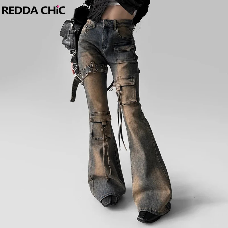 REDDACHiC Women Low Waist Cargo Flare Jeans Y2k Vintage Distressed Belted Fitted Bootcut Pants Bell Bottoms Korea Streetwear 261015