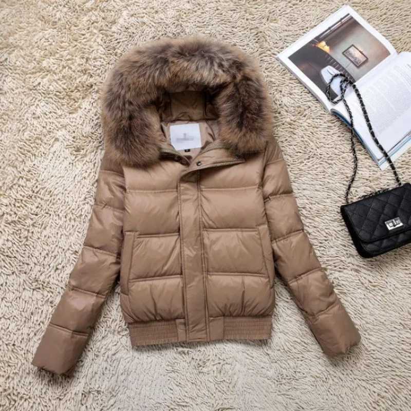 Women's Down Parkas Women's Autumn Winter Short Down Jacket Slim Fit Raccoon Fur Collar Waist-Cinching Thickened Puffer Coat Trendy Versat
